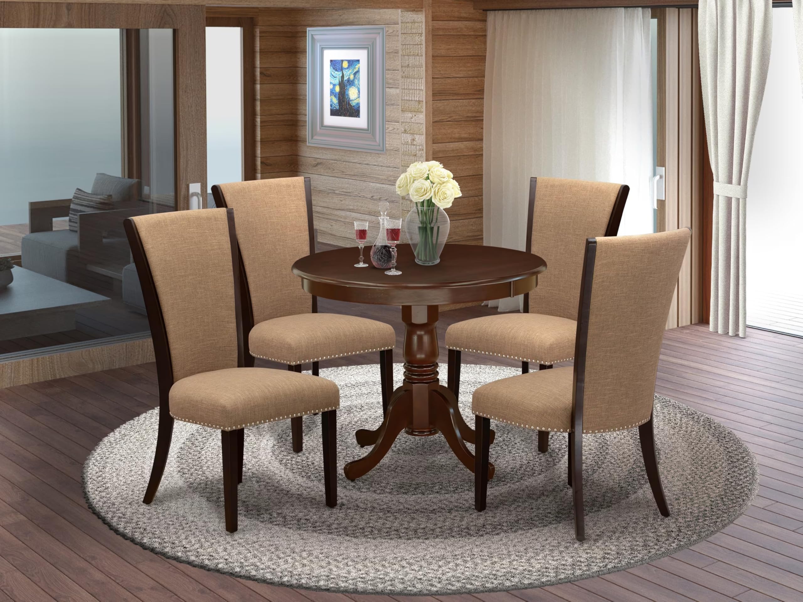 East West Furniture Anve5-Mah-47 5 Piece Kitchen Table & Chairs Set Includes A Round Dining Room Table With Pedestal And 4 Light Sable Linen Fabric Parsons Chairs, 36X36 Inch, Linen White